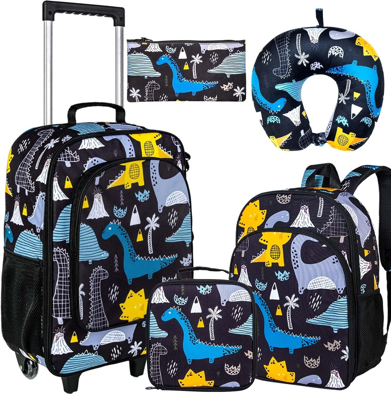 AGSDON 5 Piece Kids Luggage Set for Boys, Cute Rolling Wheels Suitcase for Toddler, Children Travel Carry on Suitcase-Dinosaur