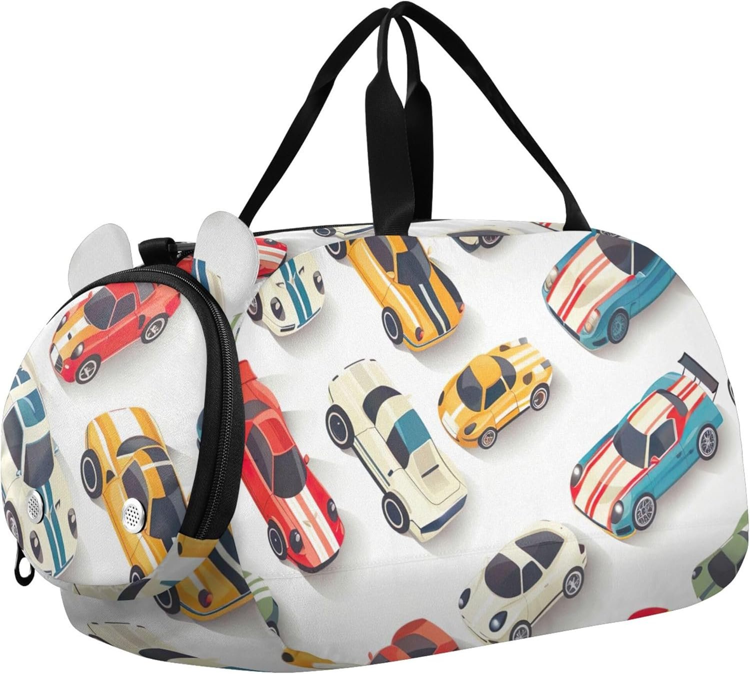 Cute Cartoon Cars White Carry on Duffel Bag Boys Overnight Weekender Duffel Girls Duffle Bags Travel Tote with Shoe Compartment