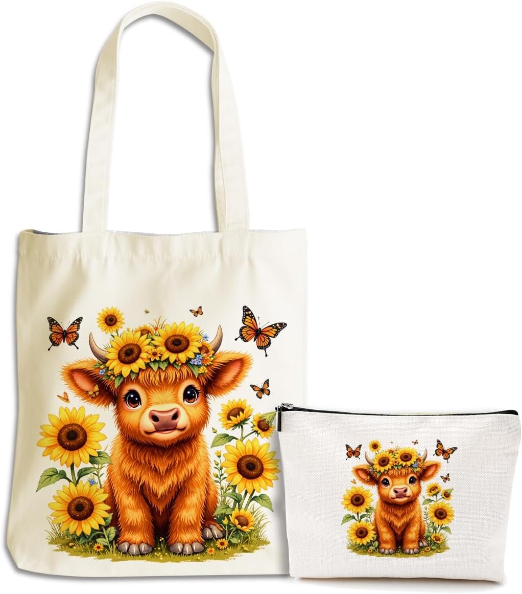 Sunflower Butterfly Cow Print Stuff Cow Gifts for Women Canvas Tote Bag Makeup Bag Grocery Bags Birthday