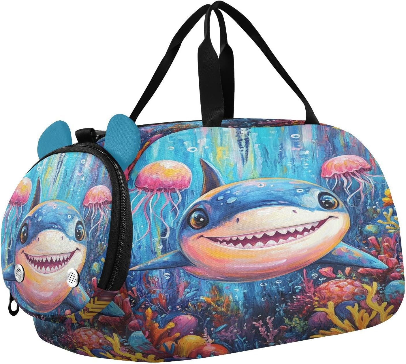 Shark Jellyfish Corals Blue Kids Travel Duffel Bag for Boys Girls Overnight Weekend Tote Bag with Shoes Compartment for Gym Sports Dance