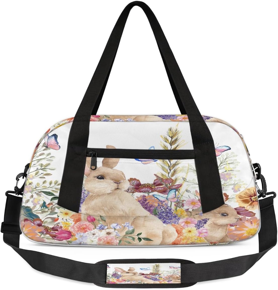 Kids Travel Duffle Bag Weekender Overnight Bag Gym Tote for Boy Girls Carry On Workout Duffel Bag(Watercolor Bunny Floral Butterfly)