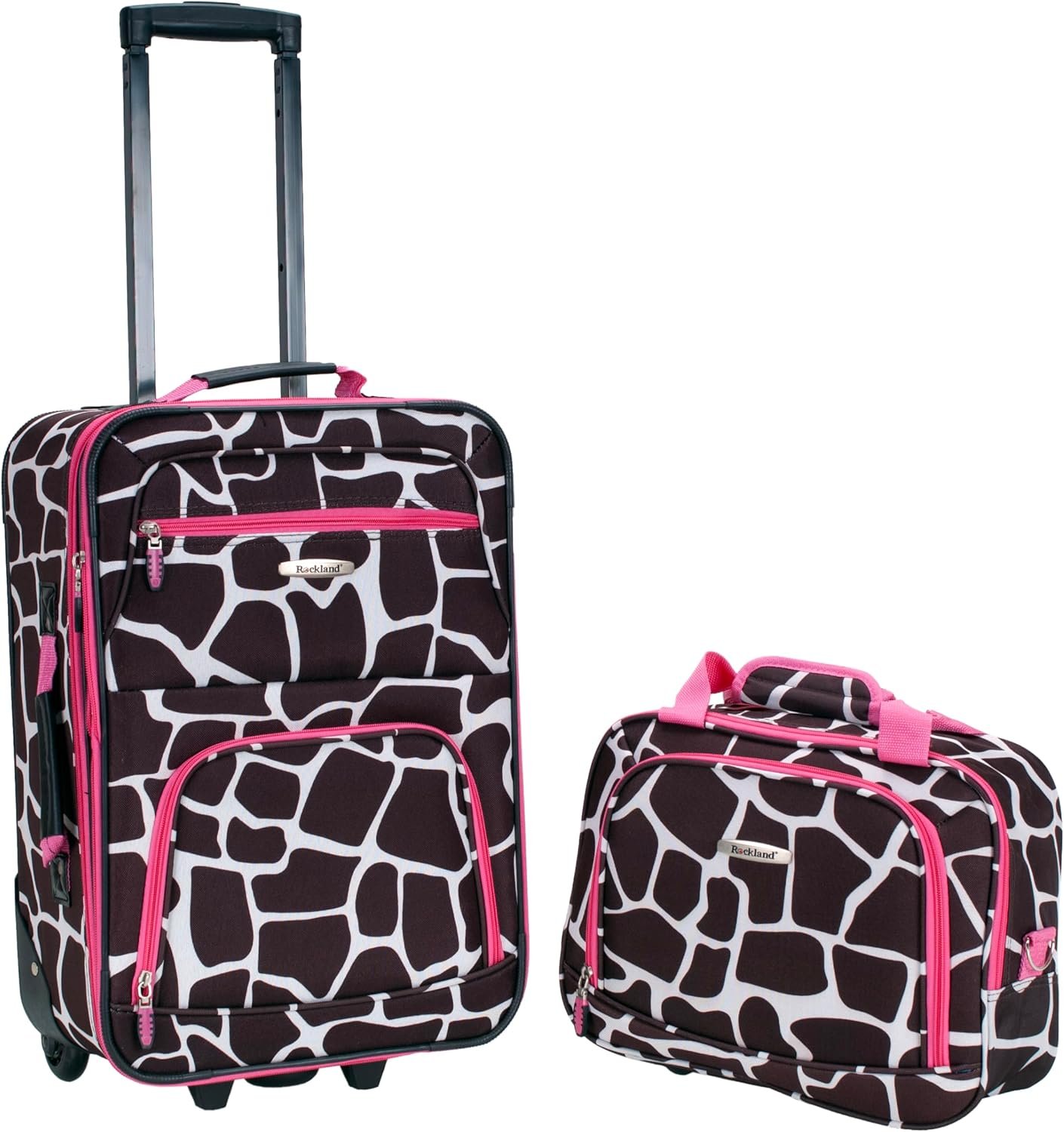 Rockland Fashion Softside Upright Luggage Set,Expandable, Pink Giraffe, 2-Piece (14/19)