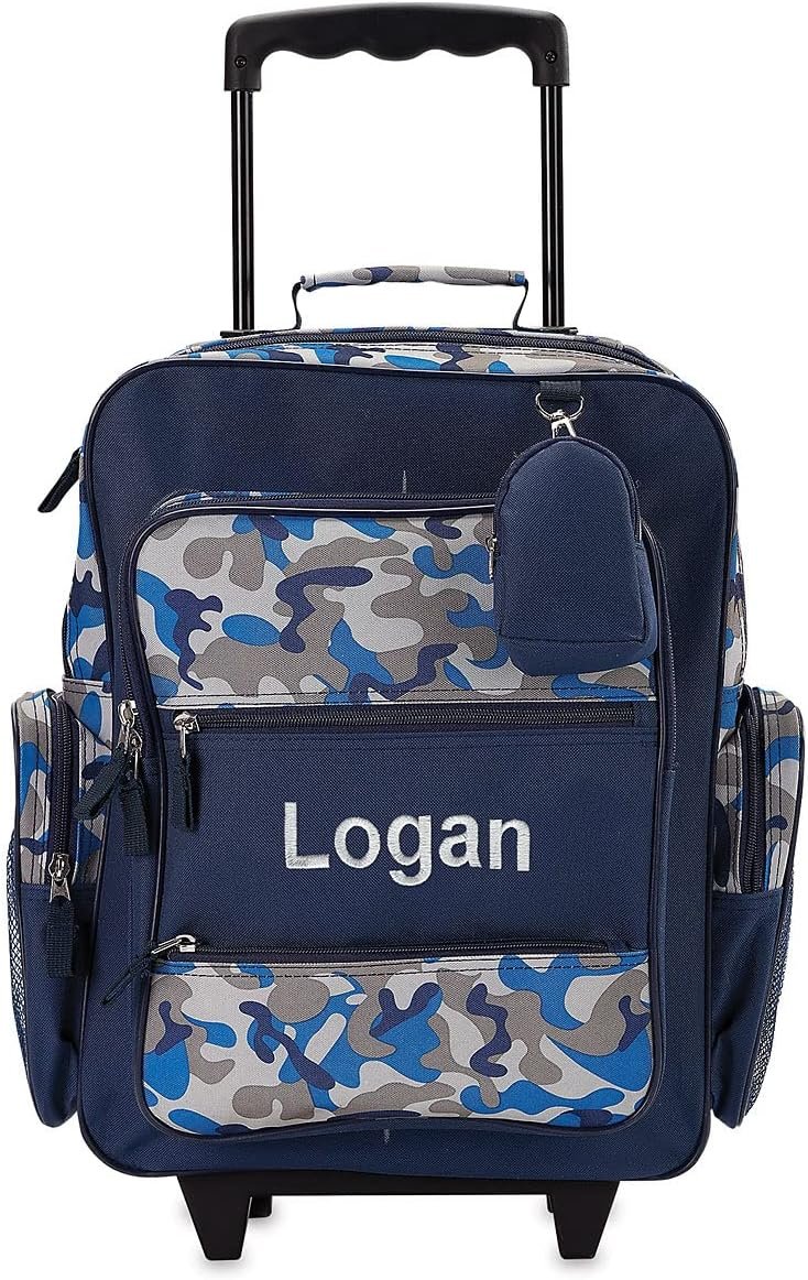 Lillian Vernon Personalized Rolling Luggage for Kids, 5-Pocket Blue Camo Suitcase Set With Clip-On Pouch, Customizable Boys Travel Carrier on Wheels, 5W x 12" L x 20”H