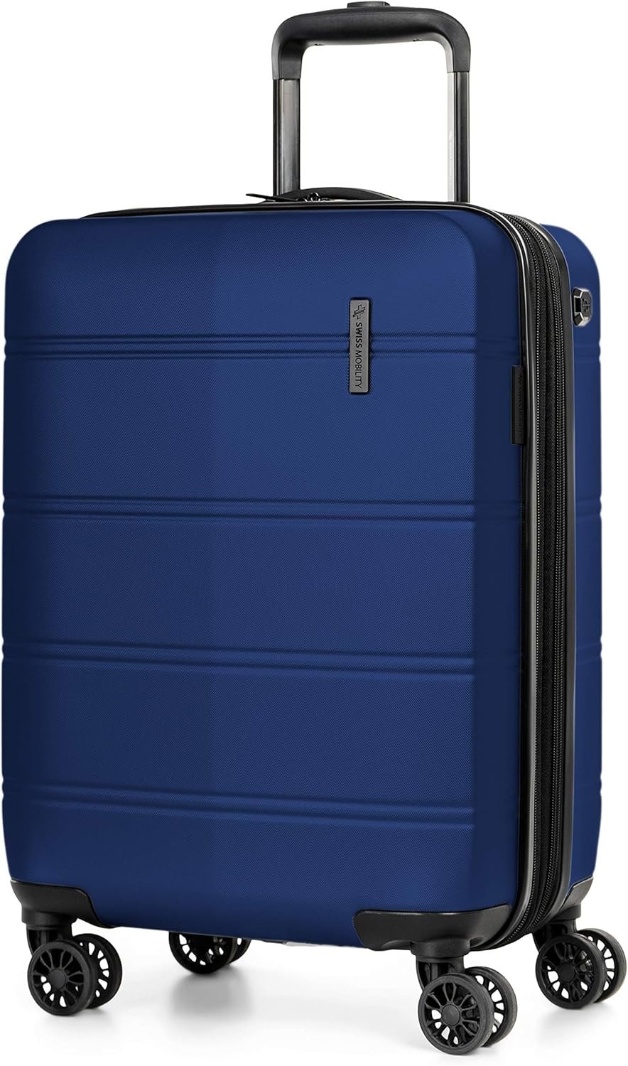 Swiss Mobility LAX Collection Hard Shell Spinner Carry On Luggage for Airplanes, Rolling Suitcase with 360-Degree Spinner Wheels, Retractable Handle, Airline Approved, 20 Inch, Blue