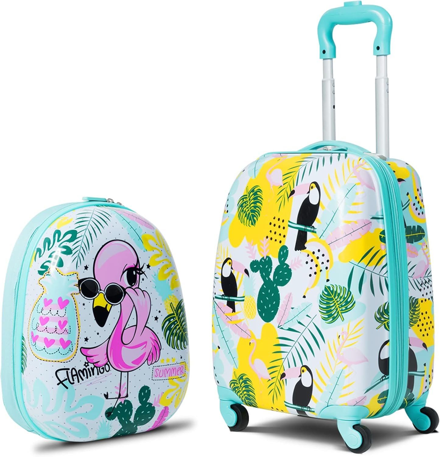 BABY JOY 2 PC Kids Luggage, 16" Toddlers Carry-on Suitcase & 12” Backpack Set, Children Travelling Case w/ 4 Casters & Retractable Handle, Lightweight Trolley Case for Boys & Girls (Flamingo)
