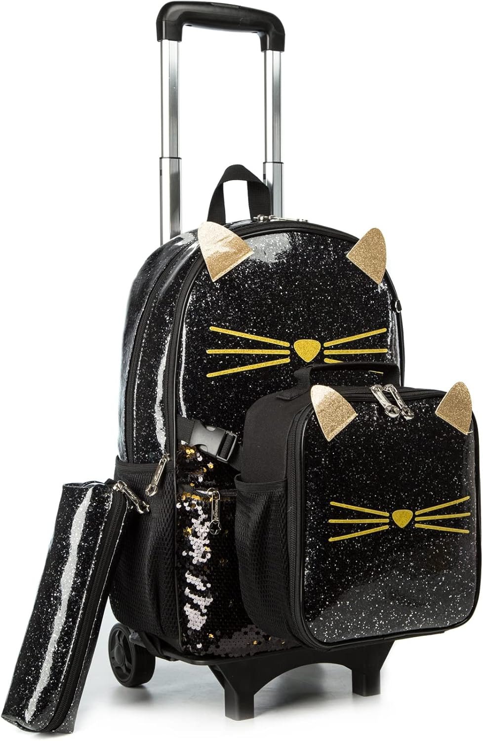 Egchescebo School Rolling Backpack for Kids - 3PCS Cat Luggage Set With Wheels, Trolley Wheeled Backpack, Lunch Bag - Travel Suitcase for Girls in Black