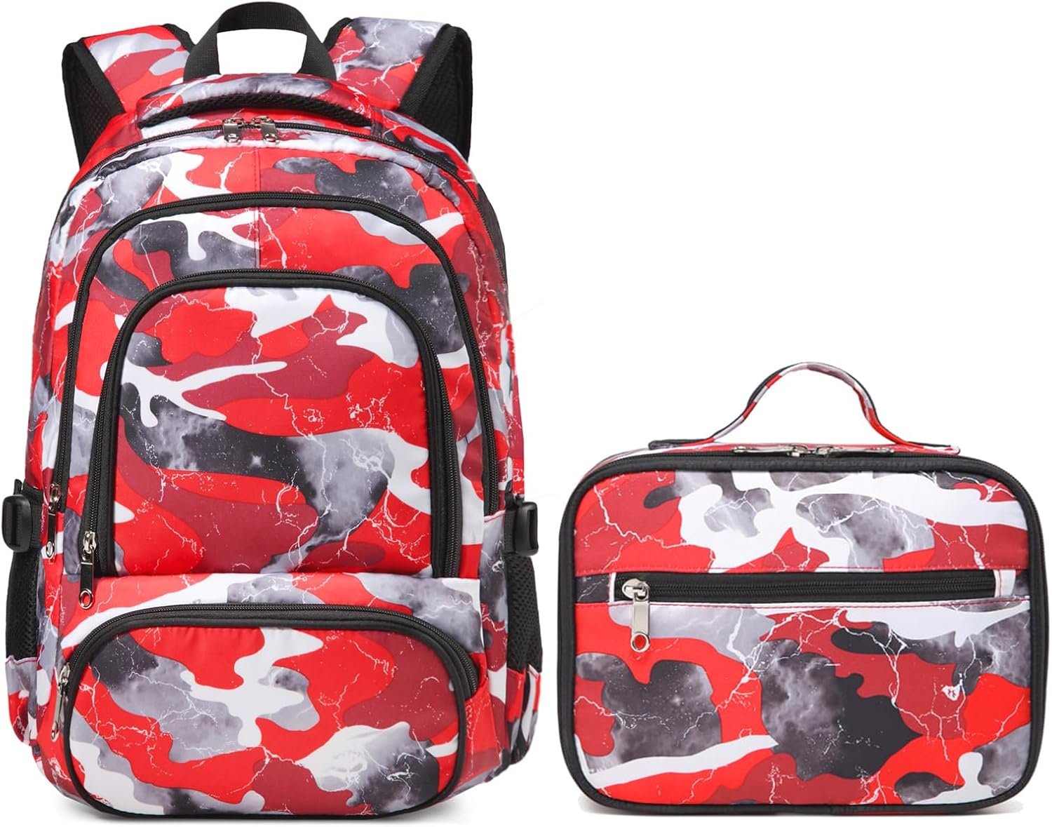 BLUEFAIRY Kids Backpack with Lunch Box for Boys Girls Elementary Middle School BookBags for Teens Childs Back to School Travel Gifts Large Campartments Padded Straps Sleeve Camo Red