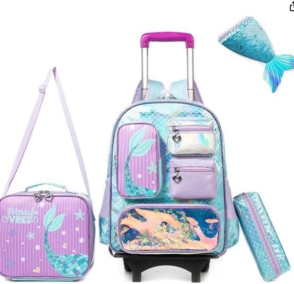 Mermaid Rolling Backpack for Girls with Wheels, Lunch Box Set, Kids Suitcase, 20L, Blue