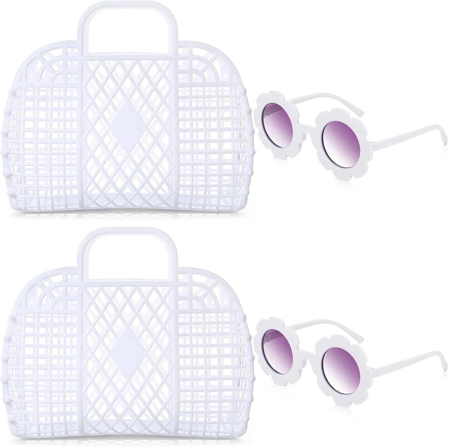 Zubebe 4 Pcs Jelly Bags Tote Basket Reusable Gift Basket Girls Beach Bag for Kid with Flower Sunglasses for Bridal Teacher(White Gray)