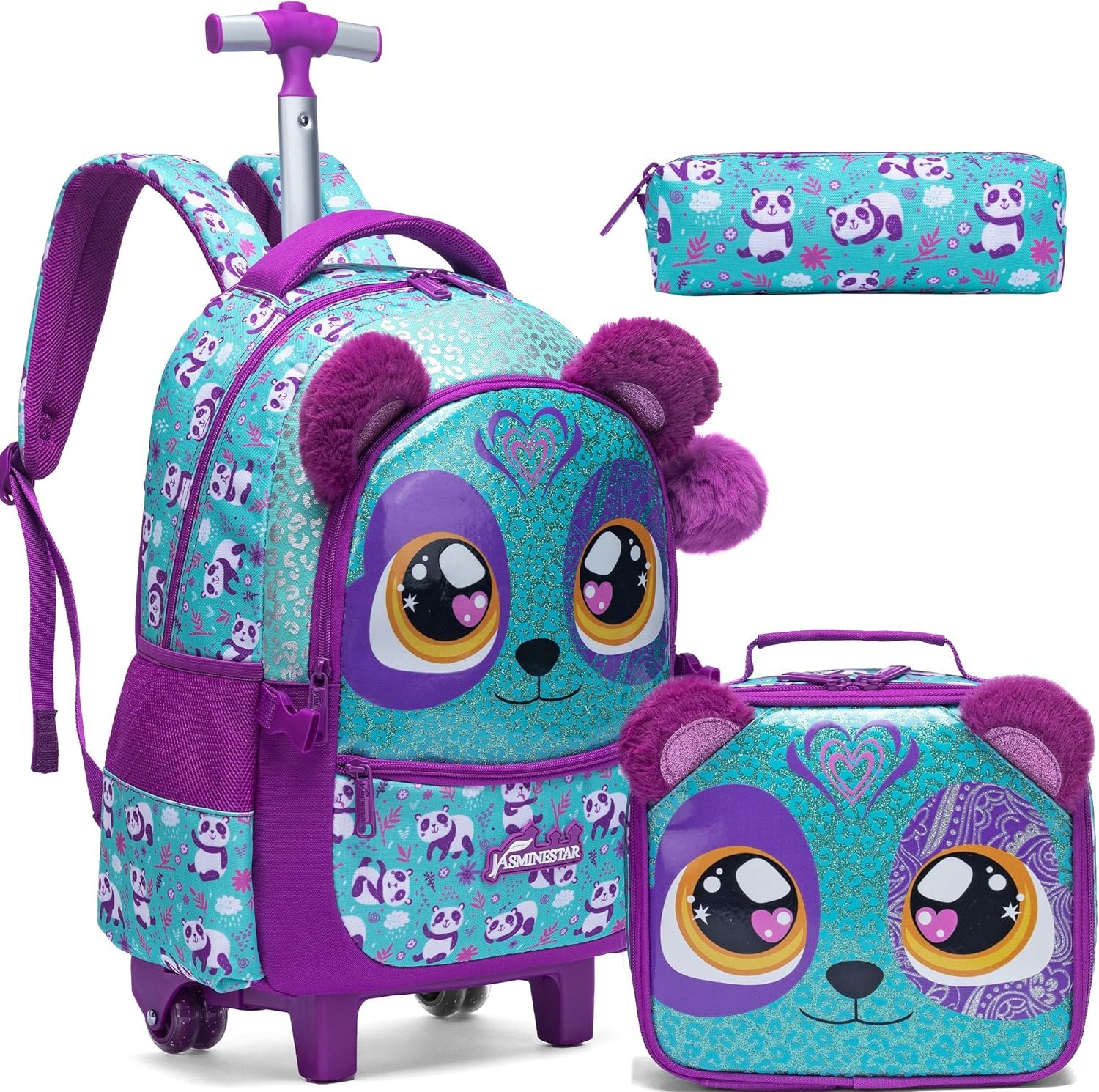 Cute Rolling Backpack for Girls Backpacks with Wheels for Elementary Students Kids 3 in 1 Travel Luggage Carry on Suitcase with Lunch Box for Girls Age 8-10