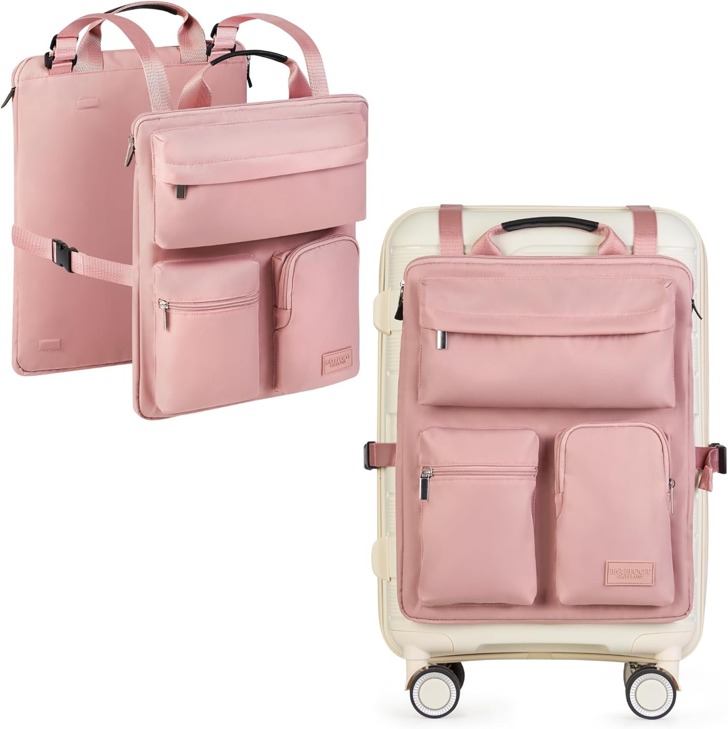 BAREFOOT CARIBOU Over Luggage Organizer for Carry On Bag or Suitcase with Storage Pockets, 16” Laptop Sleeve with Handle, Travel Accessories Bag Slide On Luggage Harness with Adjustable Straps (Pink)
