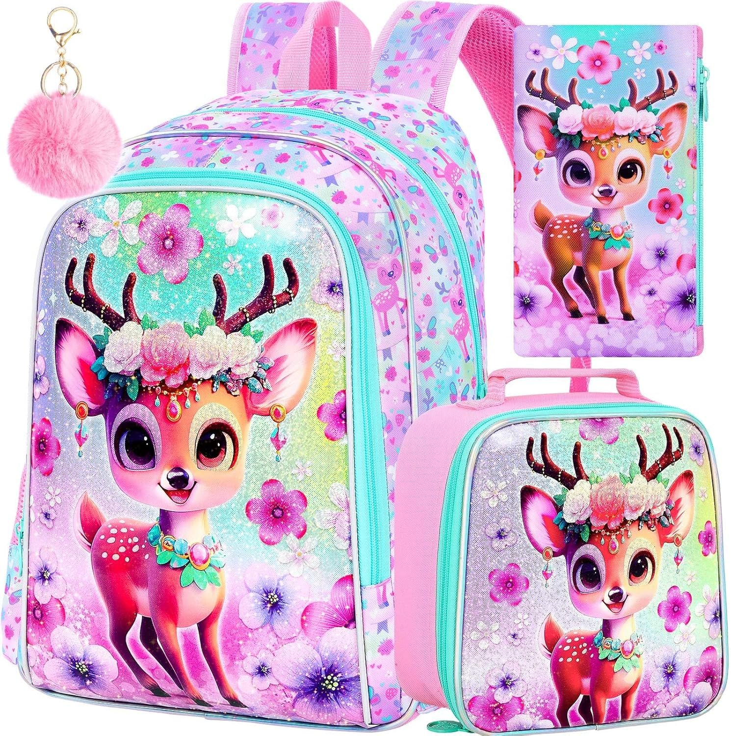KLFVB 3PCS Deer Bookbag for Girls, Water Resistant Kids Backpack with Lunch Box, 16" Preschool Backpacks for Elementary - Deer Pink
