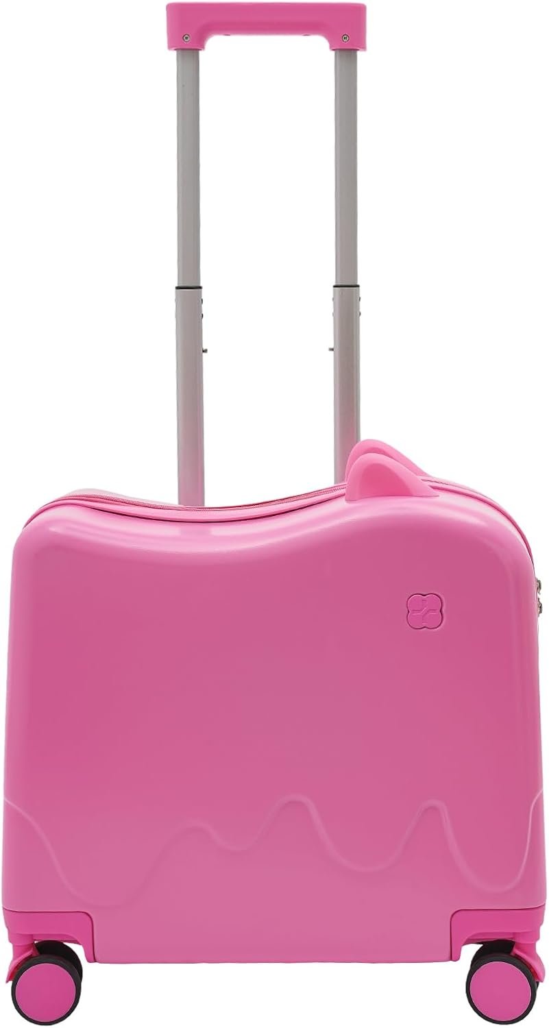 Kids Ride-On Suitcase, 18" Kids Carry On Luggage with Double Spinner Wheels Cute Lightweight Tow-Along Luggage with Password Lock for Travel, Study Tours, Outings (Pink)