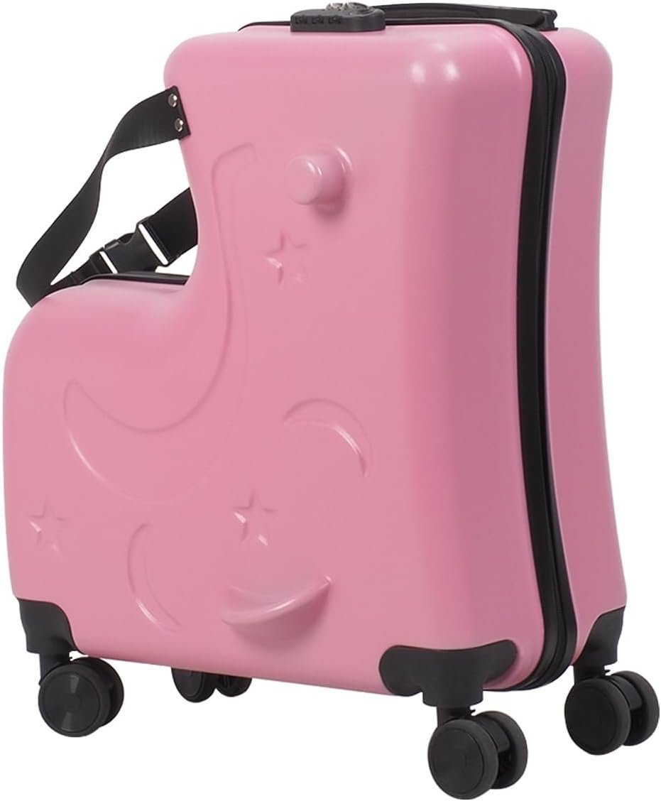 Talent Star Kids Luggage With Wheels, Impact Resistant Rolling Children Travel Suitcase With Seat And Safety Belt, Carry-On Luggage With 4 Spinner Wheels, Ride On Suitcase For Kids Pink