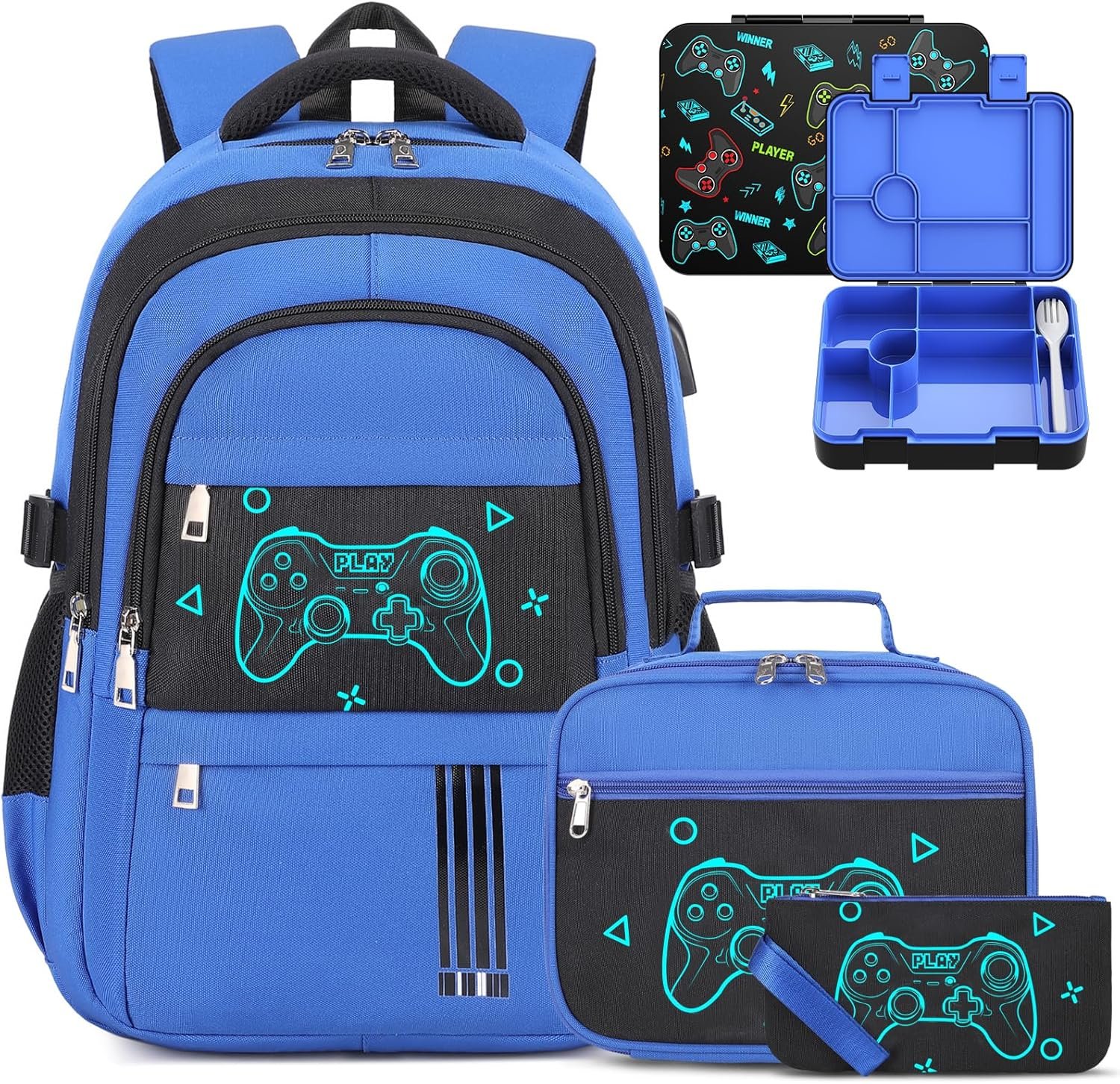 Boys Backpack - Luminous Game Bento Box with Insulated Lunch Bag Pencil Case & Utensils Set for Kids, 6 Leakproof Compartments Removable Tray Lunches or Snack Container (Blue Game Console)