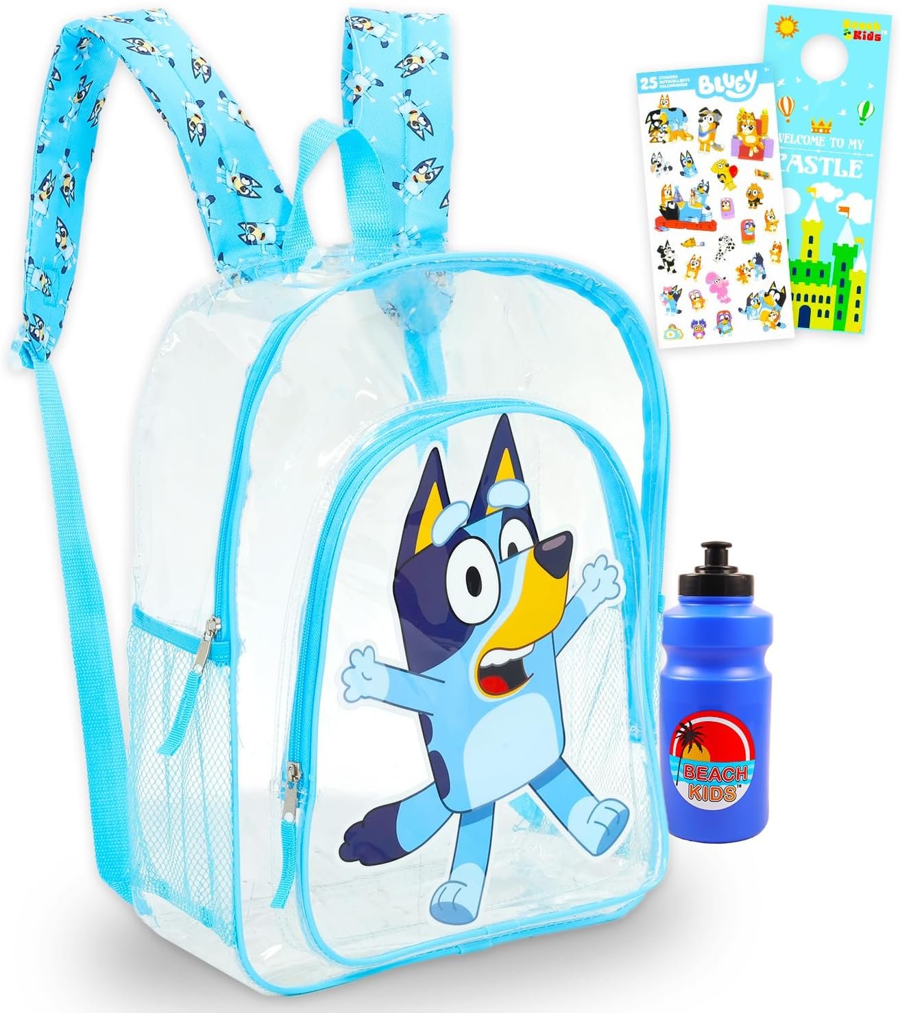 Bluey Clear Backpack - Bundle with 16" Clear Backpack for Girls Plus Water Bottle, Stickers, More | Transparent Bluey Backpack for Kids School Supplies