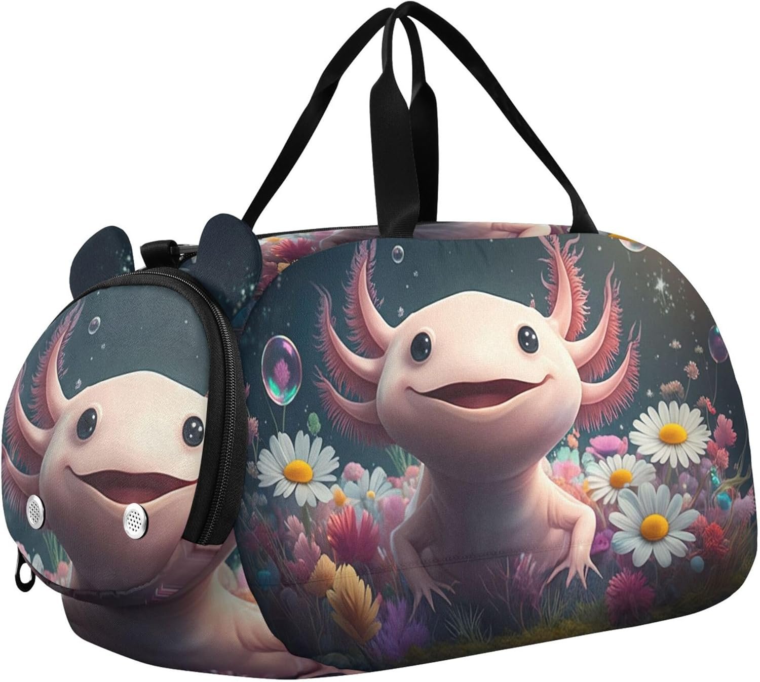 Cute Pink Axolotl Floral Girls Duffle Bags Travel Tote Weekend Duffel Overnight Gym Kids Luggage Carry on Duffel Bag Boy