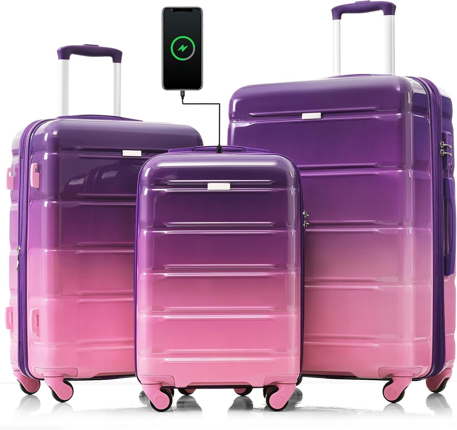 Hard Shell Luggage Sets 3 Piece with Charger USB Port, Travel Suitcase with Spinner Wheels, Carry on Luggage for Women Men Girls, Lightweight, 20/24/28 Inch (Purple)