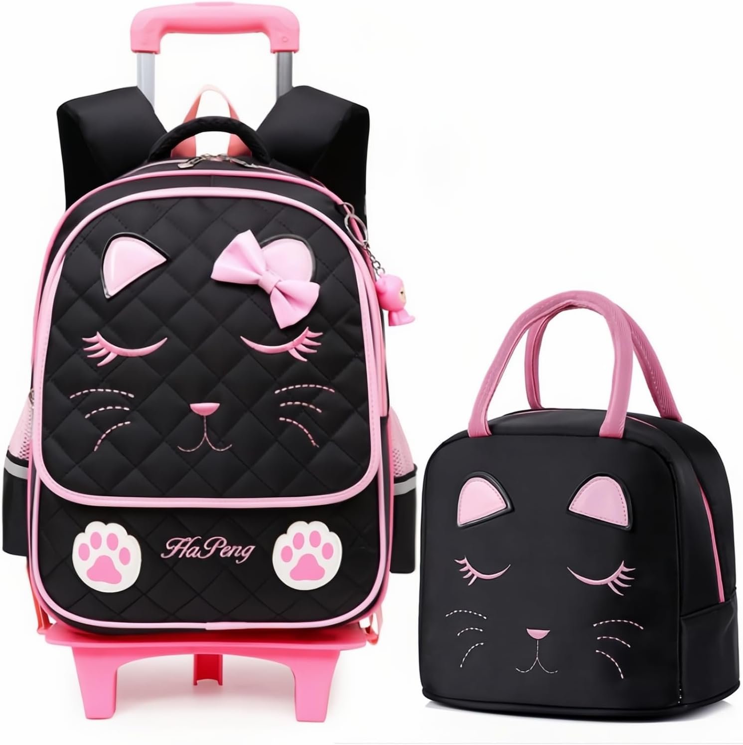 VIDOSCLA Girls Rolling Backpack Set Cute Carry-on Luggage with Wheels Sleepy Cat Trolly BookBag for School-2 Wheels