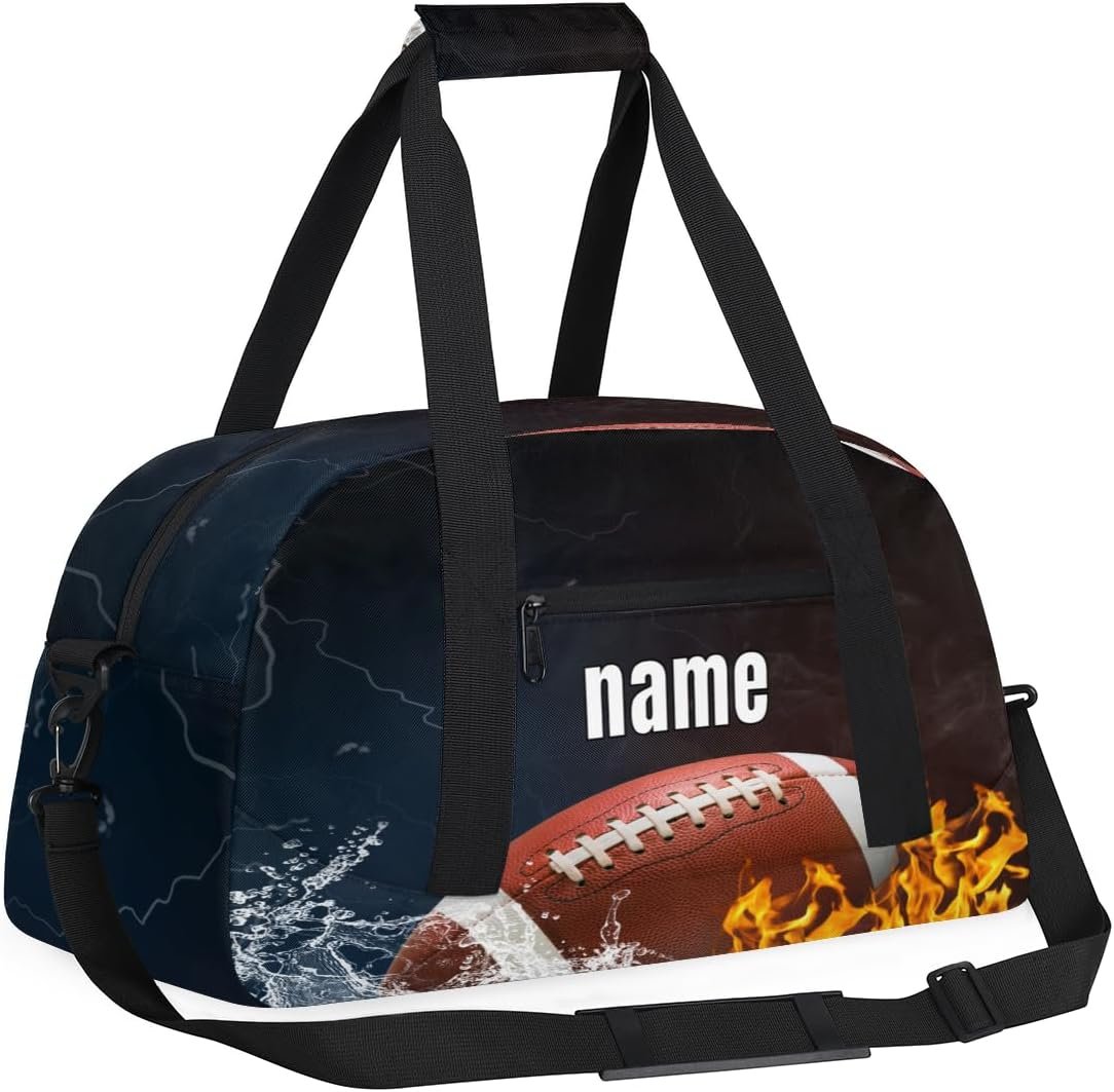 Custom Name Sports Bag for Kids Boys, Personalized Gym Duffel Fitness Travel Weekender Tote Carry-On Training Perform Bag, Flames Football