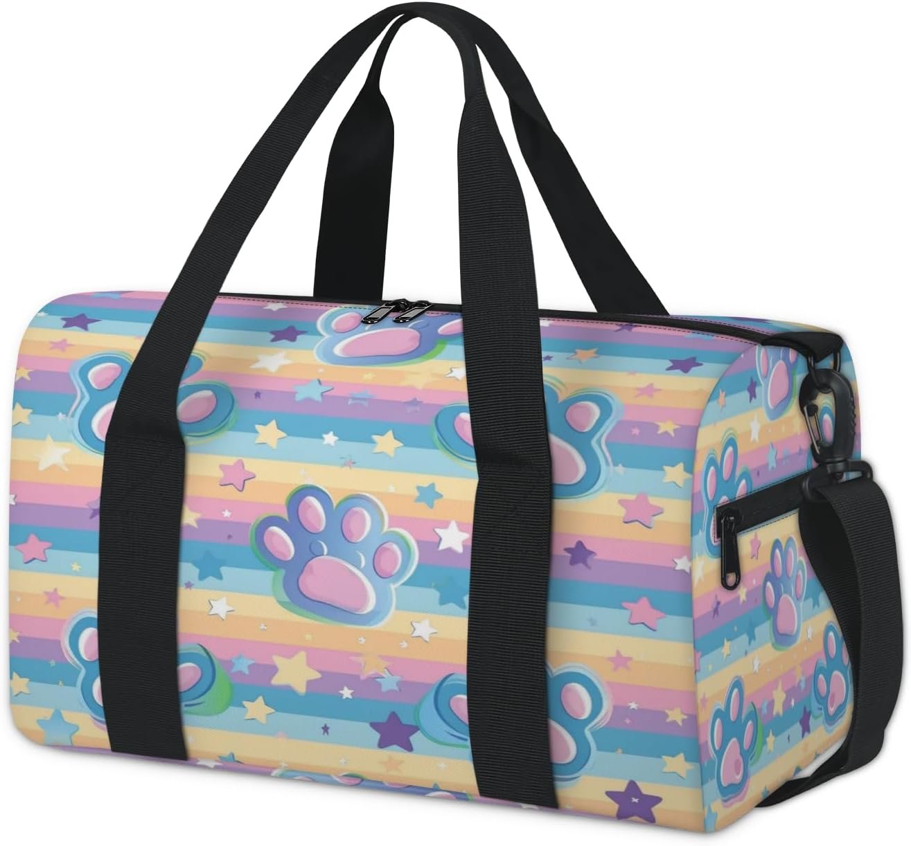 Cartoon Dog Cat Pawprints Duffle Bag for Travel Dance Ballet Sports Gym Bag for Kids Teens Women Men Overnight Waterproof Tote with Pocket Adjustable Straps