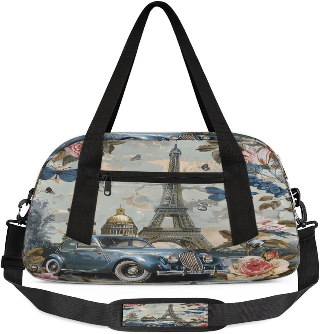 Kids Travel Duffle Bag Weekender Overnight Bag Gym Tote for Boy Girls Carry On Workout Duffel Bag(Vintage Eiffel Tower Flowers Blue Car)