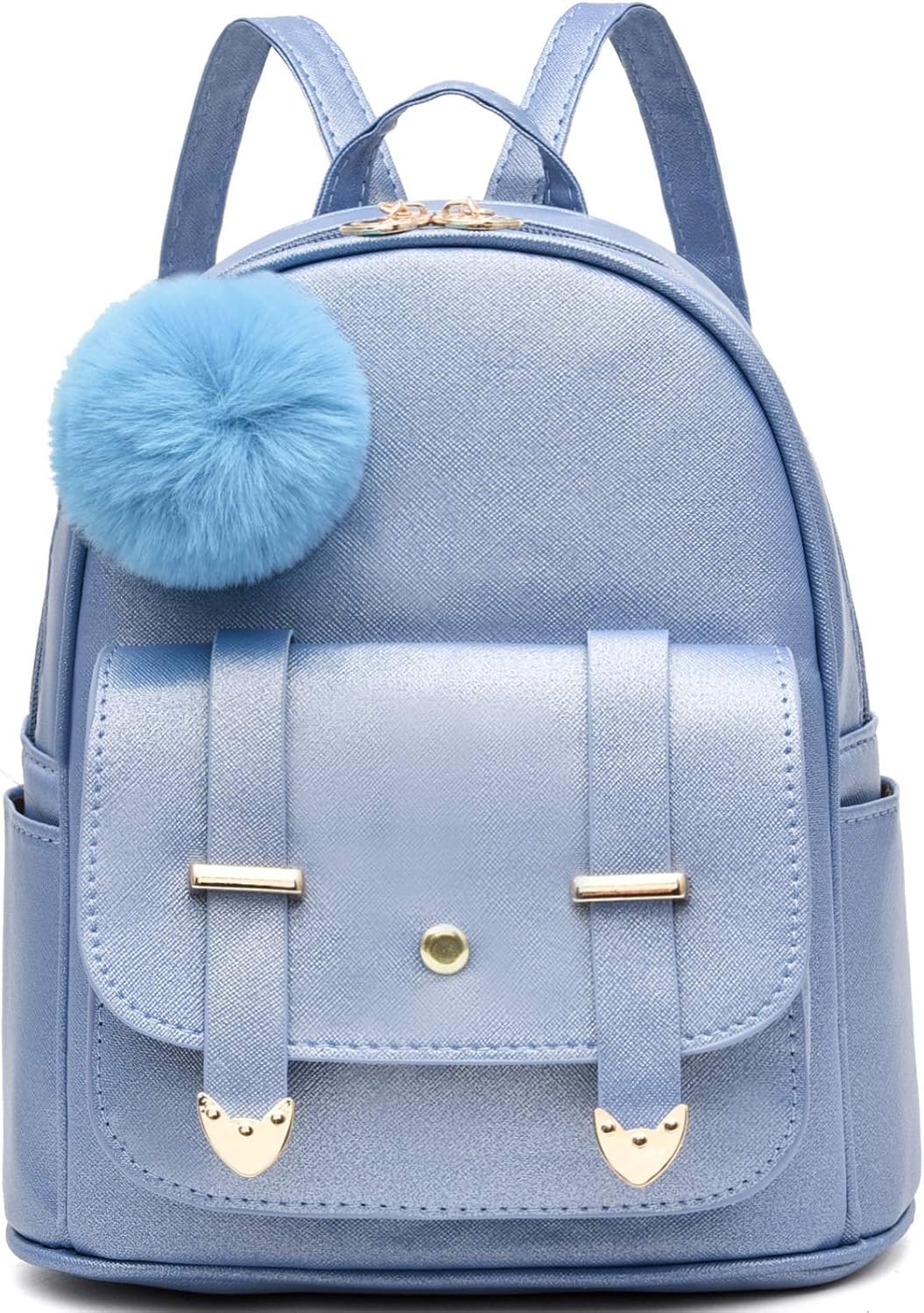 I IHAYNER Girls Fashion Backpack Mini Backpack Purse for Women Teenage Girls Purses PU Leather Pompom Backpack Shoulder Bag