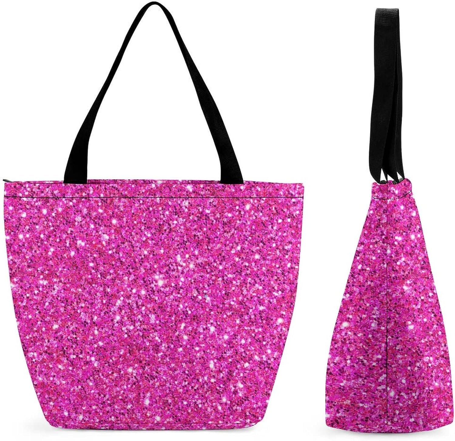 Hot Pink Glitter Pattern Tote Bag Beach Travel Reusable Grocery Shopping Aesthetic Portable Storage HandBags Personalized Tote Purse for Women Girls
