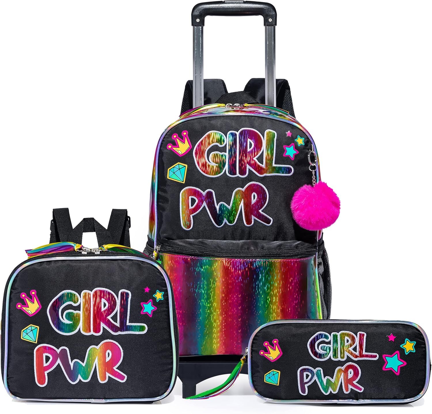 Egchescebo kids Rolling Kid Travel Toddler Duffle Bag Detachable Backpack for Girls Carry on Luggage Roller Computer Suitcase with Pencil Case and Lunch Box Wheels Wheeled Backpacks Girls Black