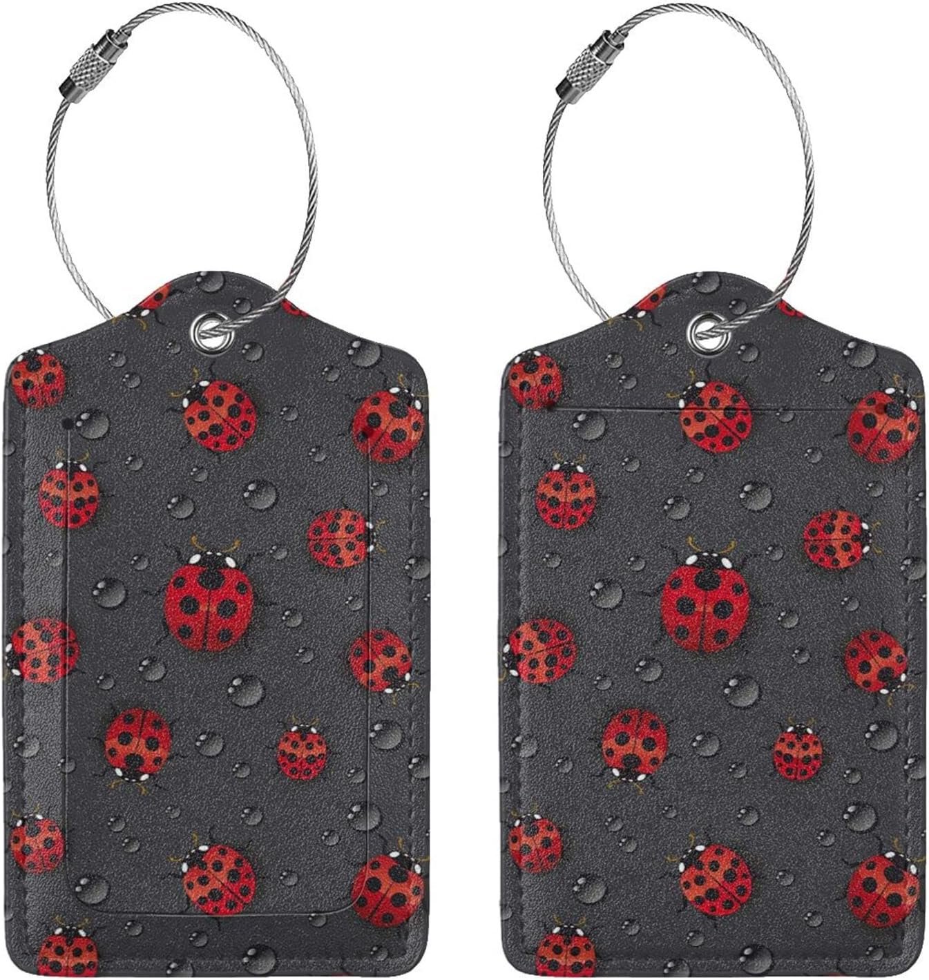 Buyidec 2 Pack Ladybug Rain Luggage Tags for Suitcases, Leather Baggage Tag with LoopName Id Card Cover Travel Bag Labels Set for Women Men Boys Girls Kids