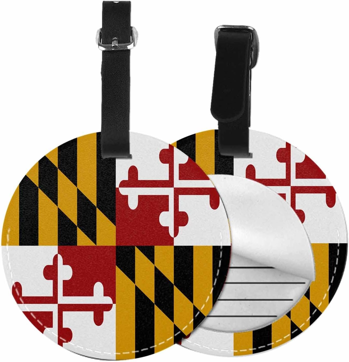 TKS MITLAN 1 Pack Maryland State Flag PU Leather Travel Cruise Luggage Tag State Banner Patriotic Baggage Bag Backpack Instrument with Privacy Flap Name ID Label for Women Men Girls Suitcase(Round)