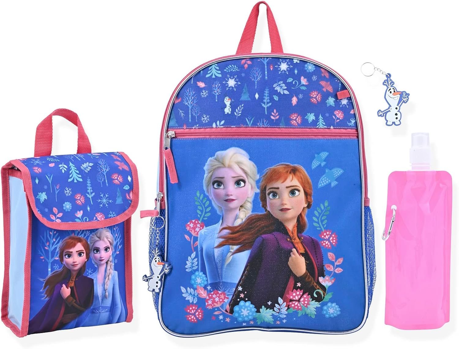 Disney Frozen Girls Backpack for Little Kids | 6 Piece Set Girls Water Bottle Keychains Snack Tote and Knapsack for School