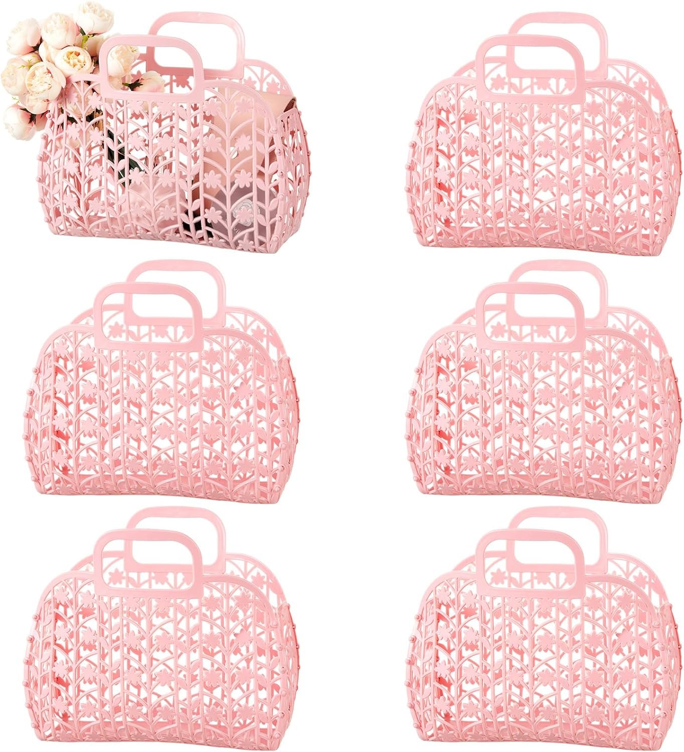 Silkfly 6 Pcs Pink Jelly Tote Bags Bulk 9.1 x 4.3 x 9.3 Inch Plastic Reusable Women Girl Wedding Jelly Gifts Tote Beach Baskets Handbags for Women Girl Wedding Bridesmaid
