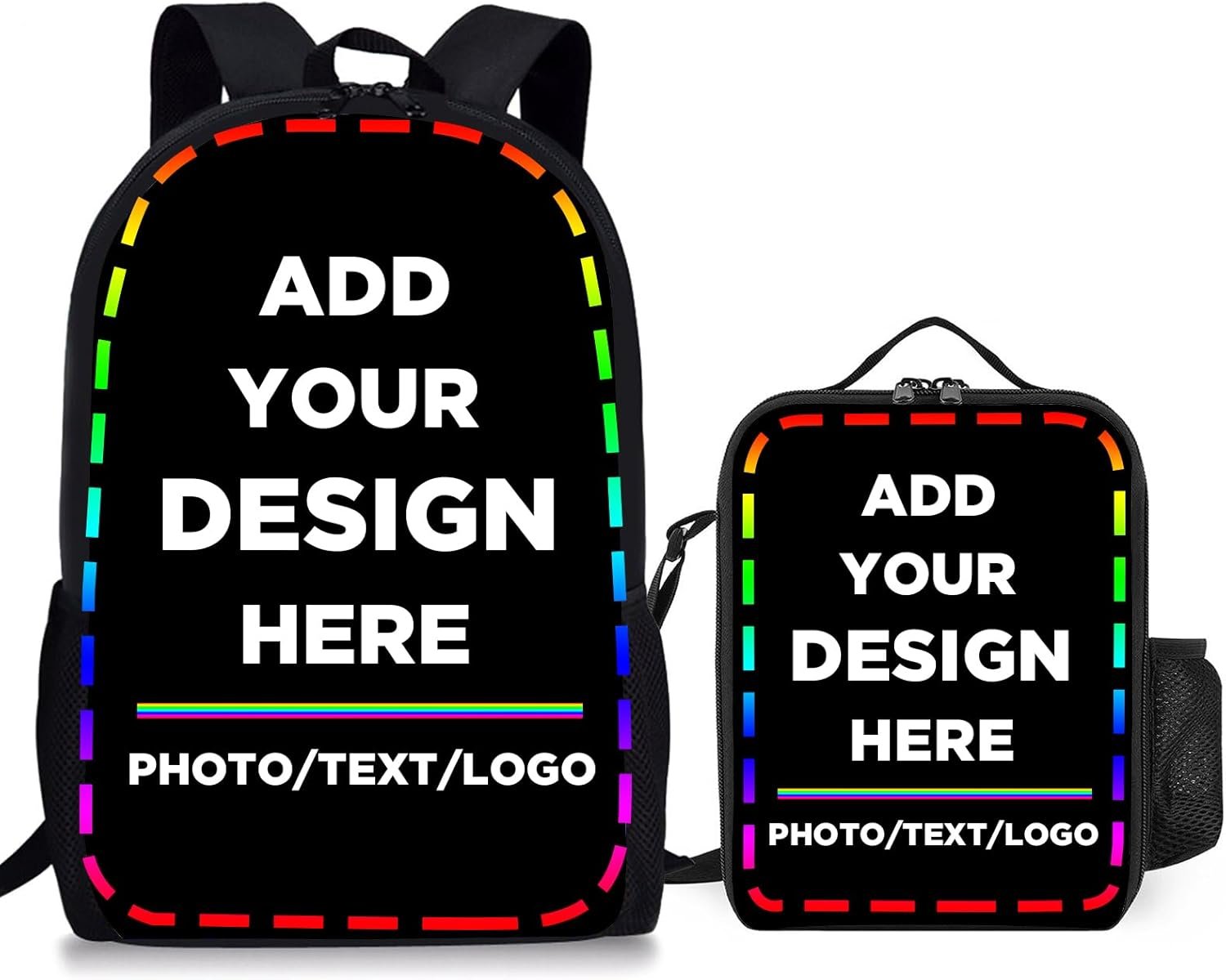 Custom Backpack and Lunch Bag Set Personalized School Backpack Design Your Own Photo Text Logo, Customized Reusable Insulated Lunch Tote Bag for Kids Men Women School Work Travel