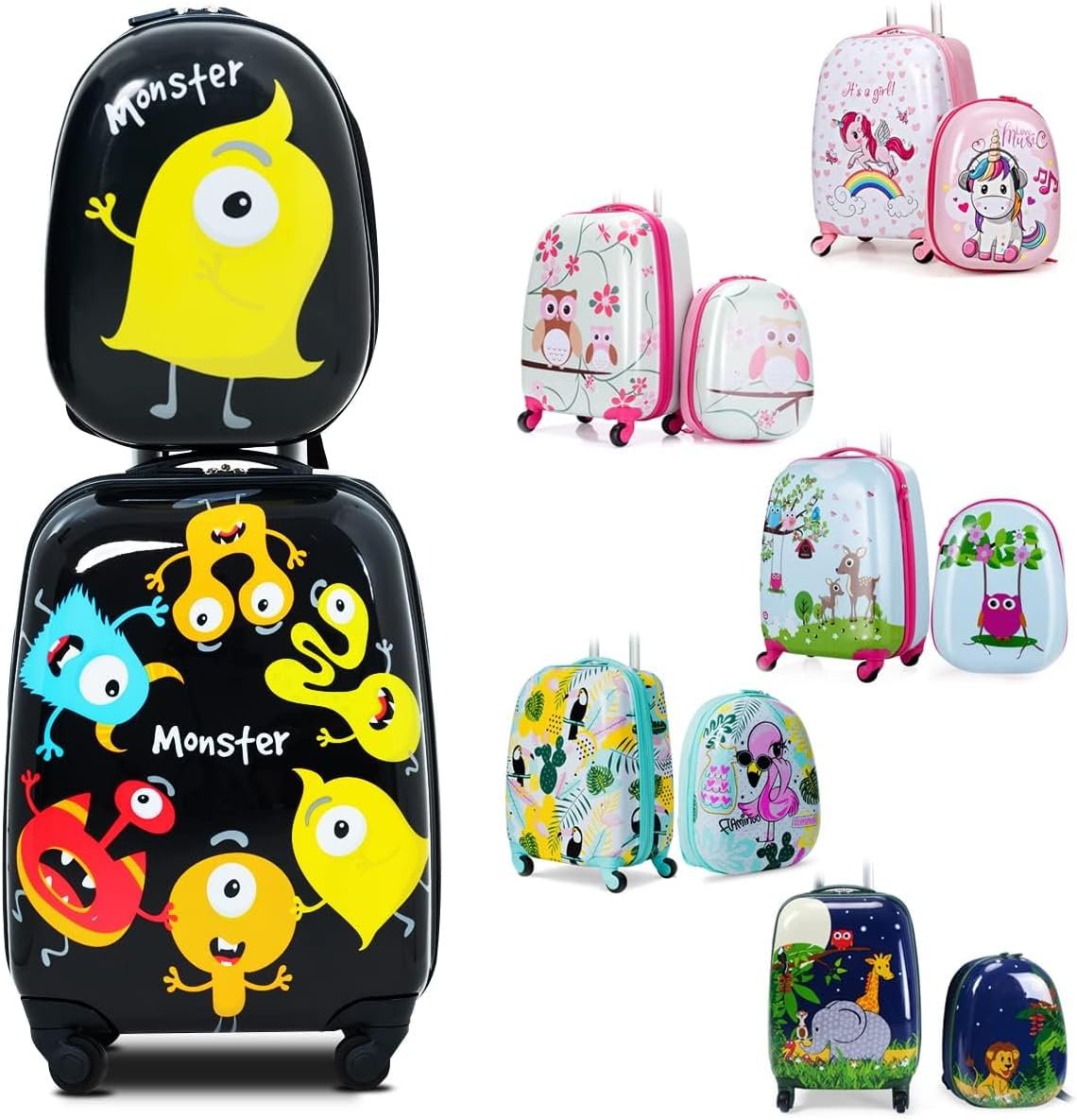 KOTEK Kids Carry On Luggage Set, 16" Hardside Rolling Suitcase with Spinner Wheels, Travel Rolling Luggage for Boys Girls (Monster)