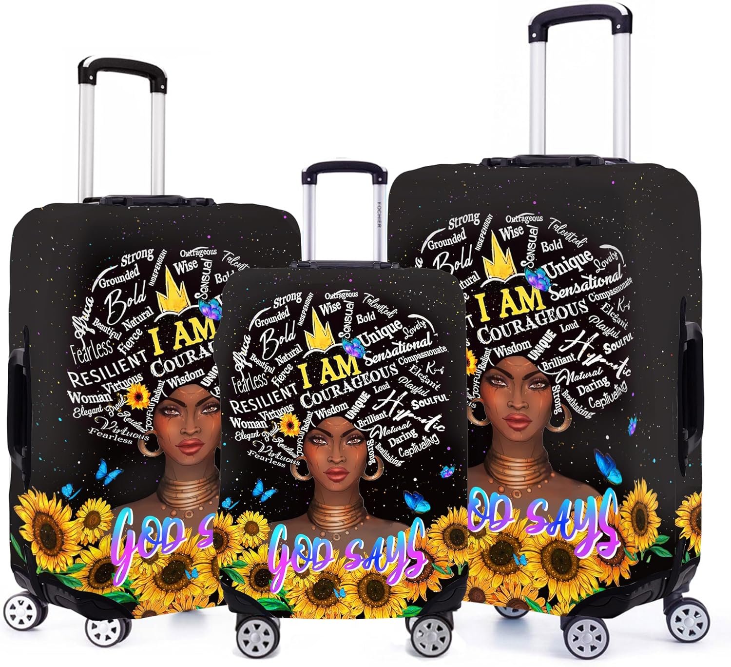 3 Pieces of Luggage Cover Travel Suitcase Protector African American Girl Elastic Washable Baggage Covers for Set of 3 Luggage (S&M &L)