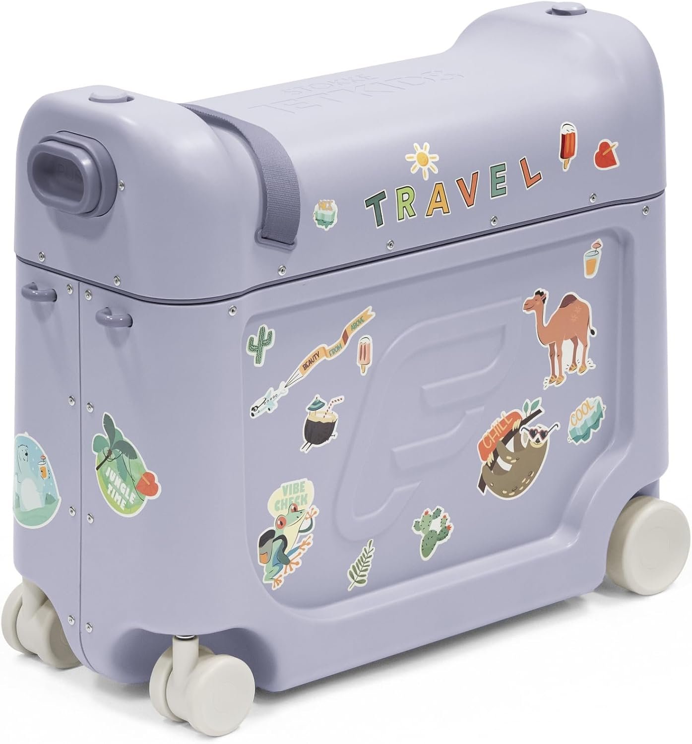 Stokke JetKids BedBox, Arctic Blue - Ride-On Suitcase for Kids 2-7 Years Old (up to 77 lbs) - Transforms Into Bed - Includes Mattress, Decorative Stickers & Adjustable Carrying Strap