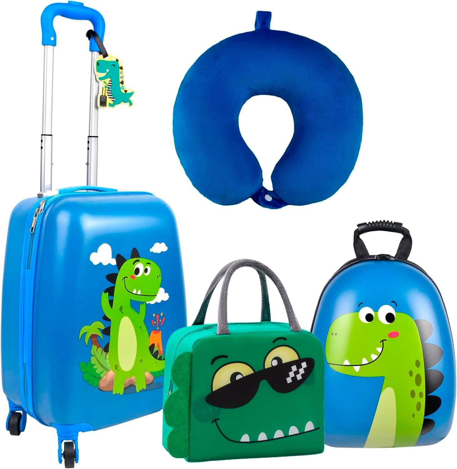 Dinosaur Kids Luggage Suitcase Set - 5 Piece Upright Kids Carry on Luggage with Wheels Set Dinosaur Hard Shell Backpack Neck Pillow Lunch Bag Luggage Tag Hardside Spinner Rolling Suitcase for Travel