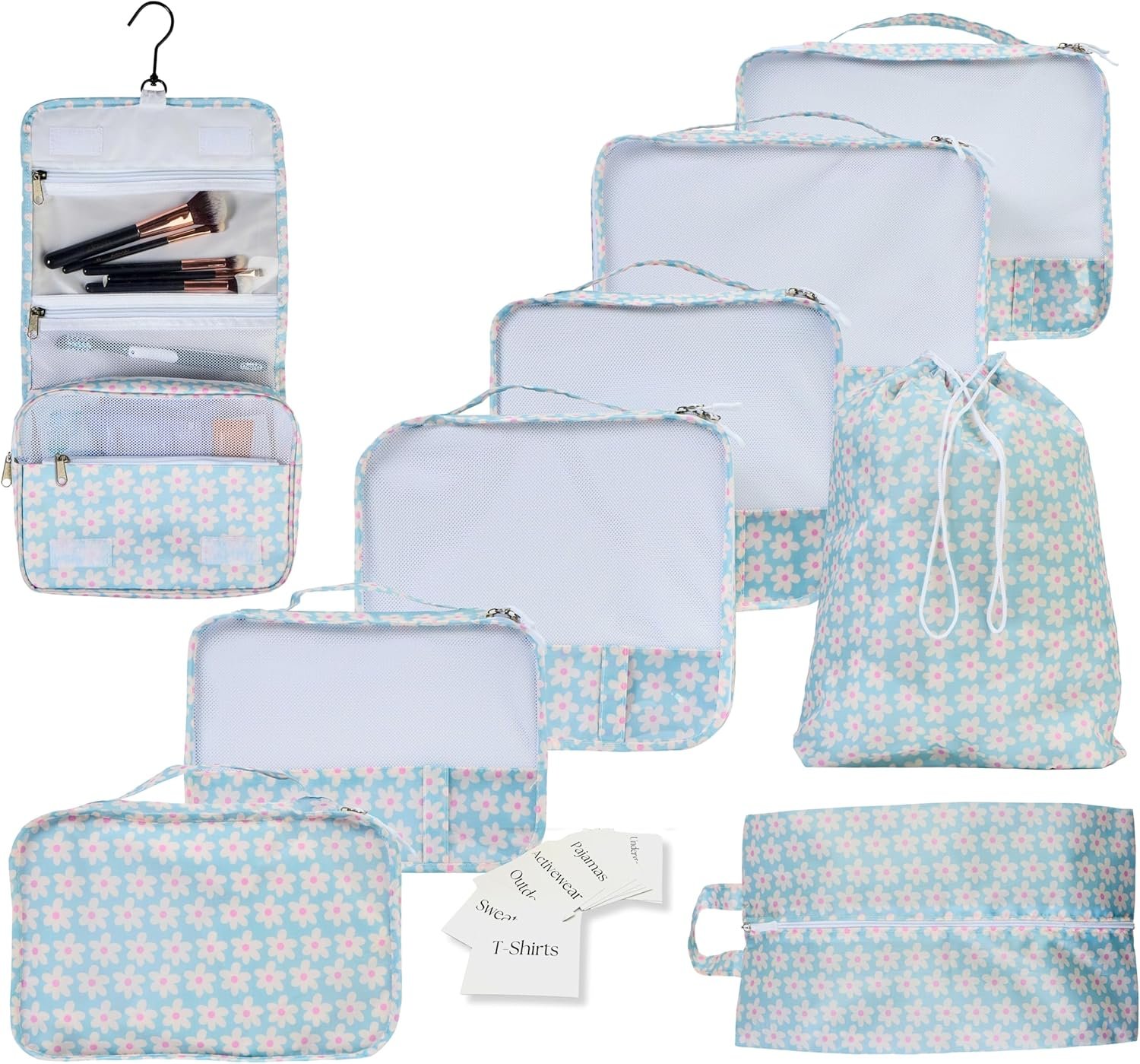 Foxy Traveler 9 Set Packing Cubes - Suitcase Organizer, Cute Packing Cubes, Travel Bags Organizer for Luggage with Hanging Toiletry and Shoe Bag, Travel Essentials for Women, Men and Kids -Blue Flower