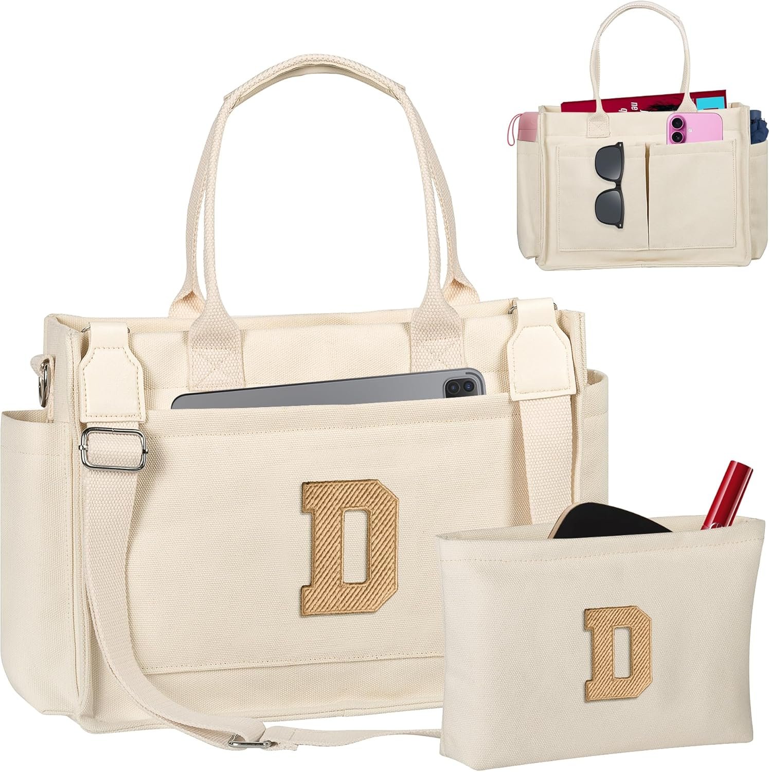 Birthday Gifts for Women Teen Girls, Initial Tote Bag with Zipper, Letter Canvas Tote Purse for College Work Laptop