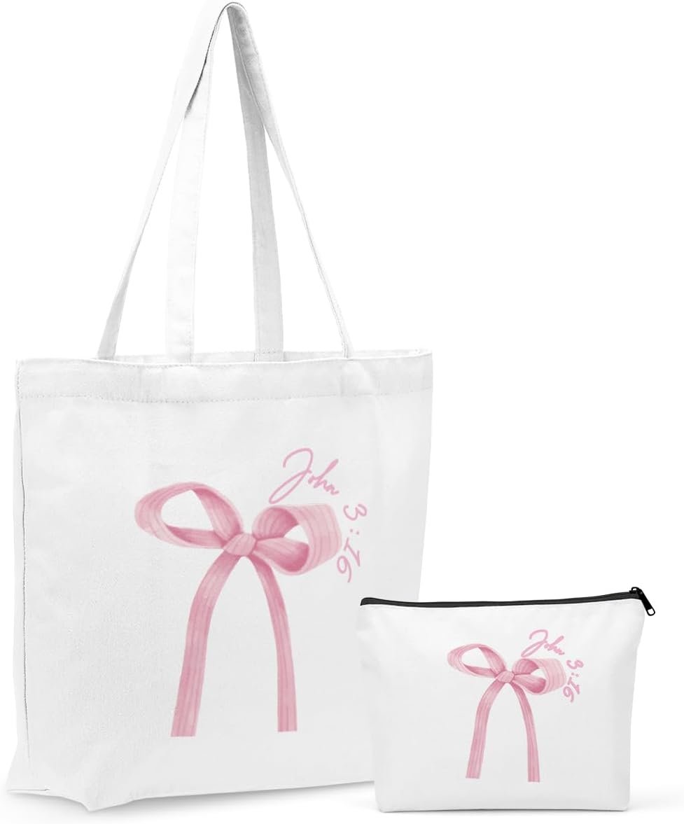 Christian Gifts for Women, Girls Preppy Bow Canvas Tote Bag Makeup Bag Set, Inspirational Bible Verse Religious Gifts Birthday Graduation Nurse Day Reusable Grocery Bags Travel Cosmetic Bags