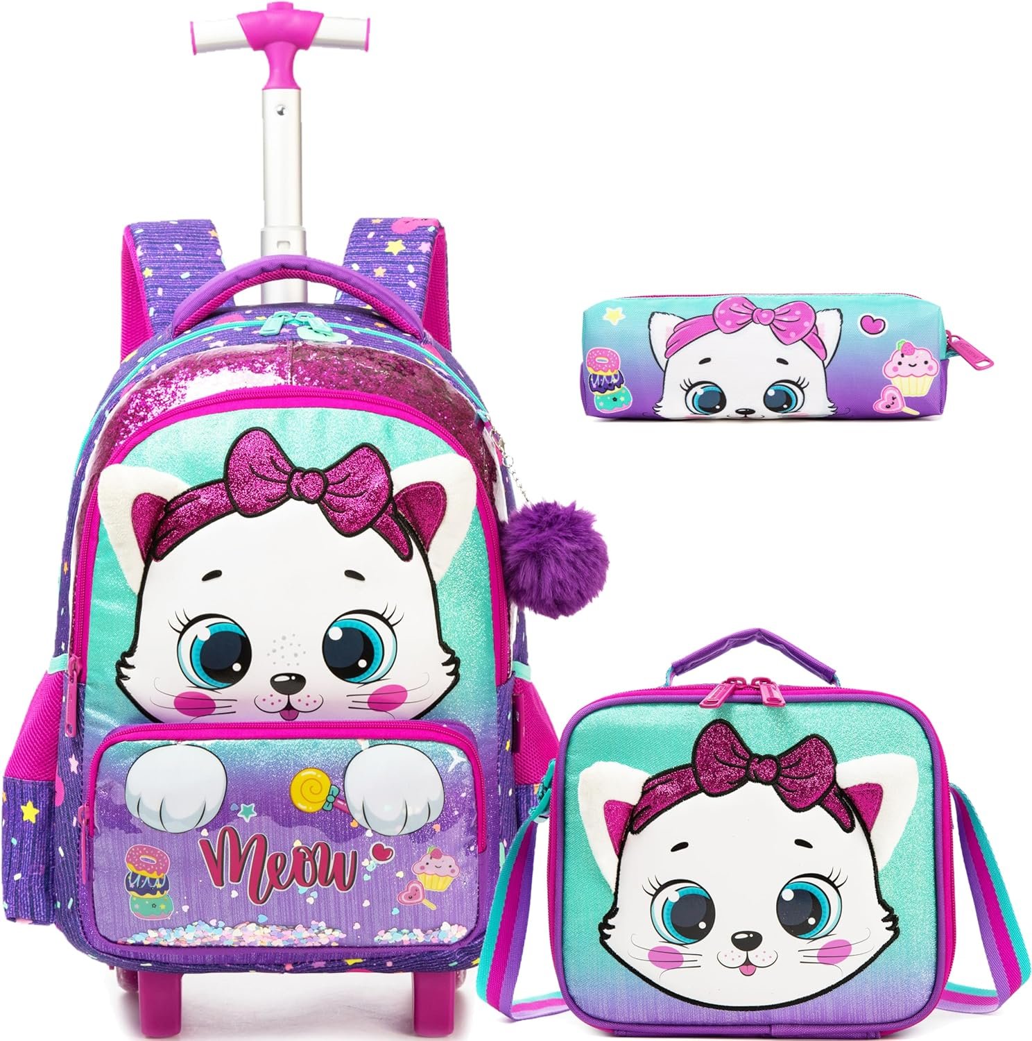 Homskiii Rolling Backpack with Wheels for Girls Kids Cute Cat Rolling Backpack with Lunch Bag and Pencil Case Set Kids Travel Luggage for Elementary Girls Ages 5-12