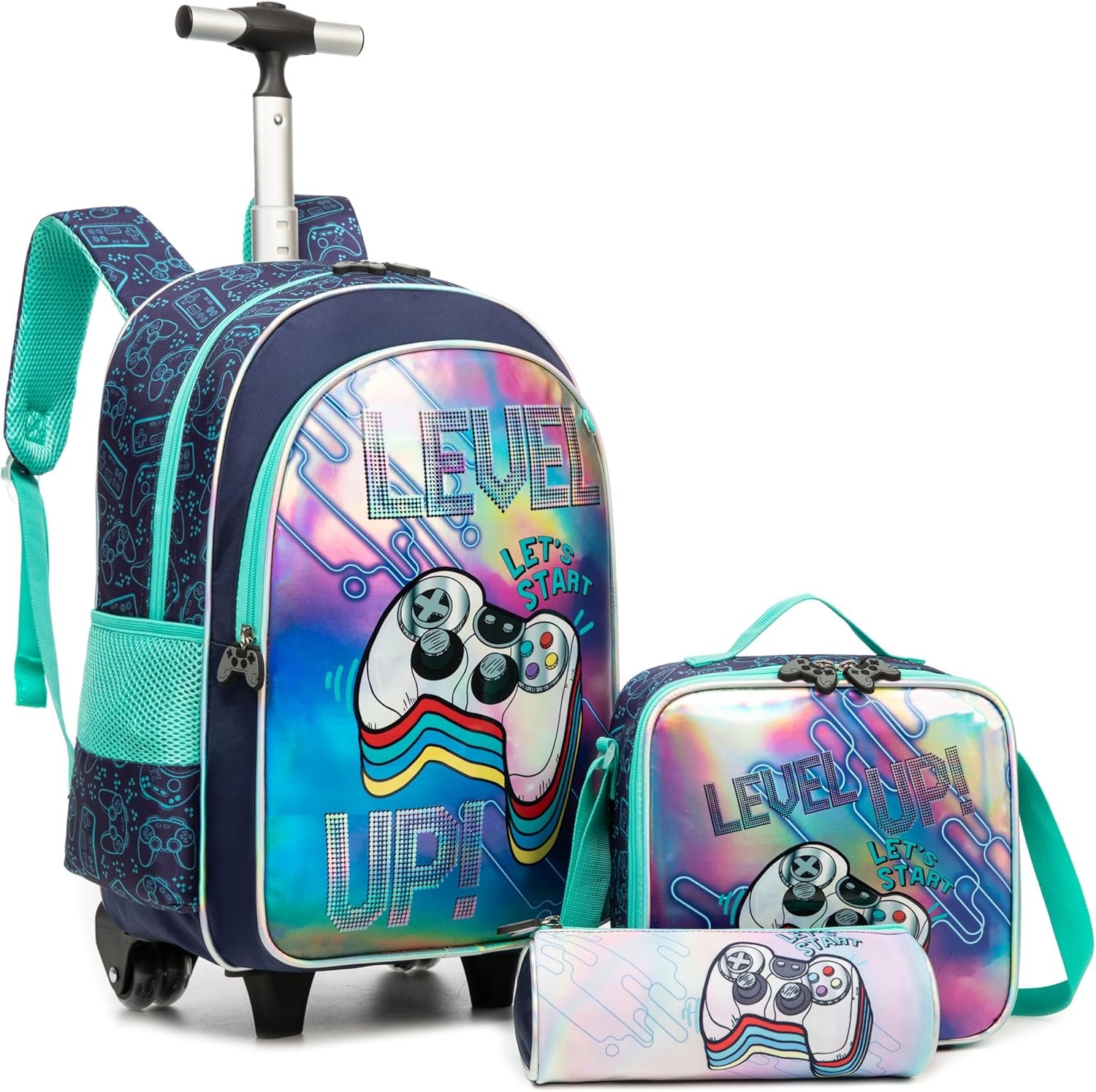 Backpack with Wheels for Boys Rolling Backpack with Lunch Box Pencil Case for Kids Carry On Suitcase with Wheels for Elementary Teens Boys