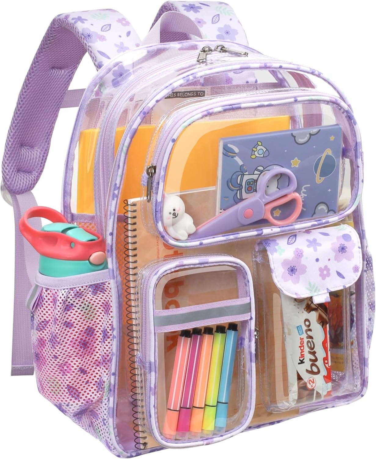 Bagseri Clear Backpack for Kids - 15 Inch Clear Bookbag for Girls Aged 4 to 7 Heavy Duty Transparent Backpack for School, Multiple Pockets, Safe Reflective Strip, Purple Floral