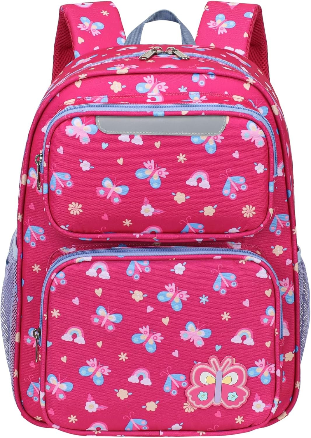 Kids Backpack for Girls - 15 Inch Backpack for Kids 4 to 7, Lightweight School Bookbag for Preschool Kindergarten 1st Grade, Insulated Pocket, Safe Reflective Stripe, Rose Pink Butterfly