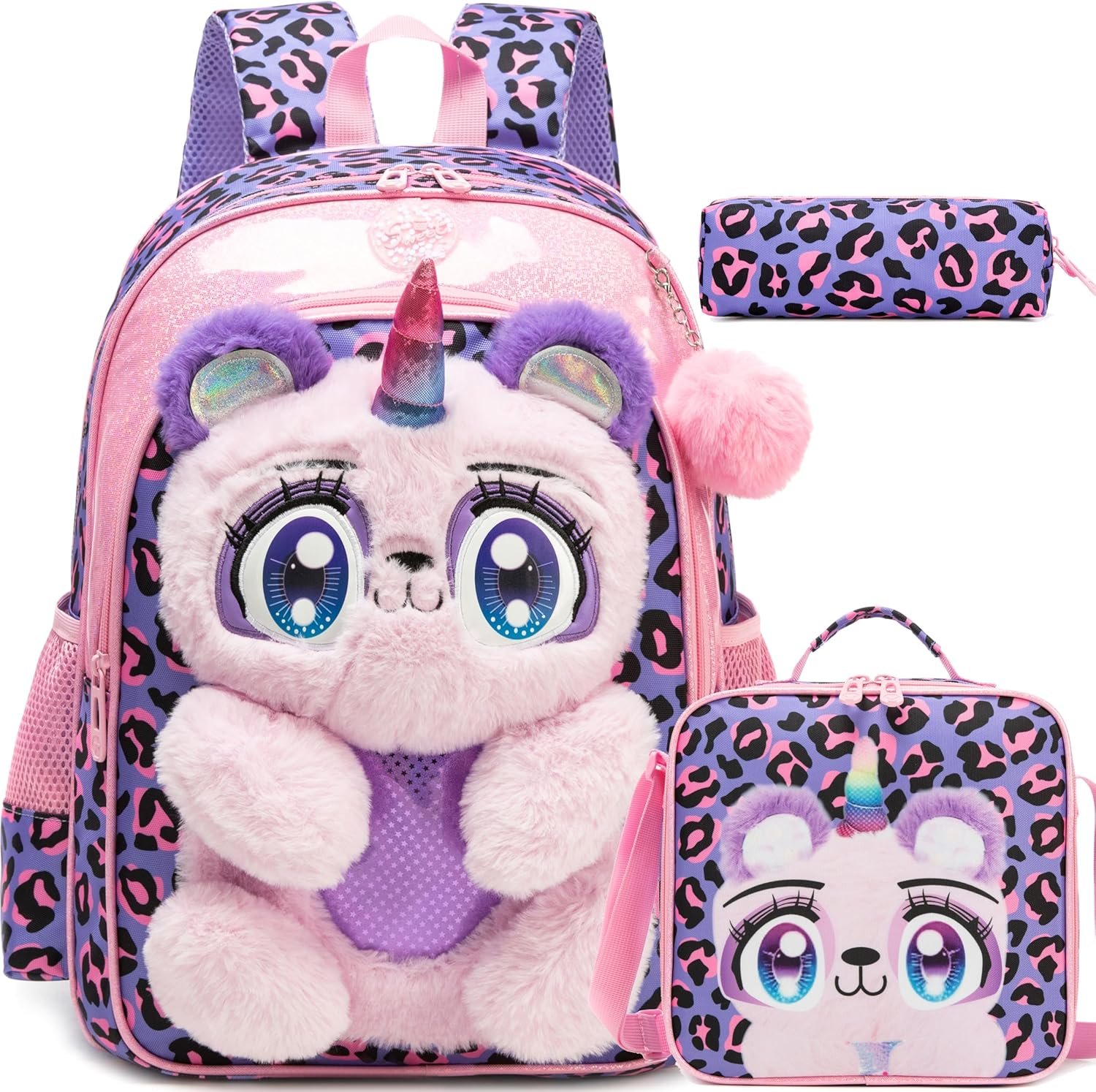 Meetbelify Kids Backpacks for Girls School Backpack with Lunch Bag Pencil Case for Elementary Student 3D Carton Plush Kids Travel School Bag for Girls Ages 6-8 Years Old