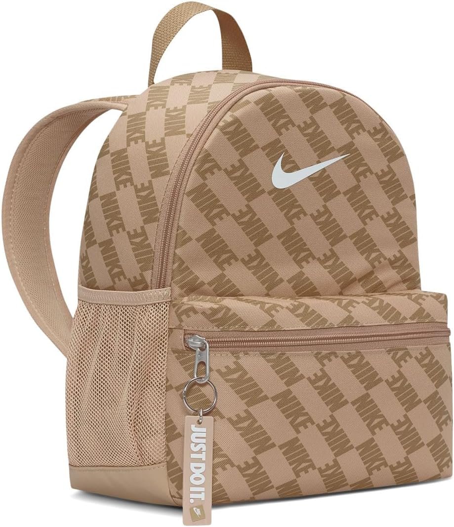 Nike Kids, Kids, Brasilia Just Do It All Over Print Mini Backpack (11L) (Little Kid/Big Kid), Hemp/Beechtree/White, One-Size