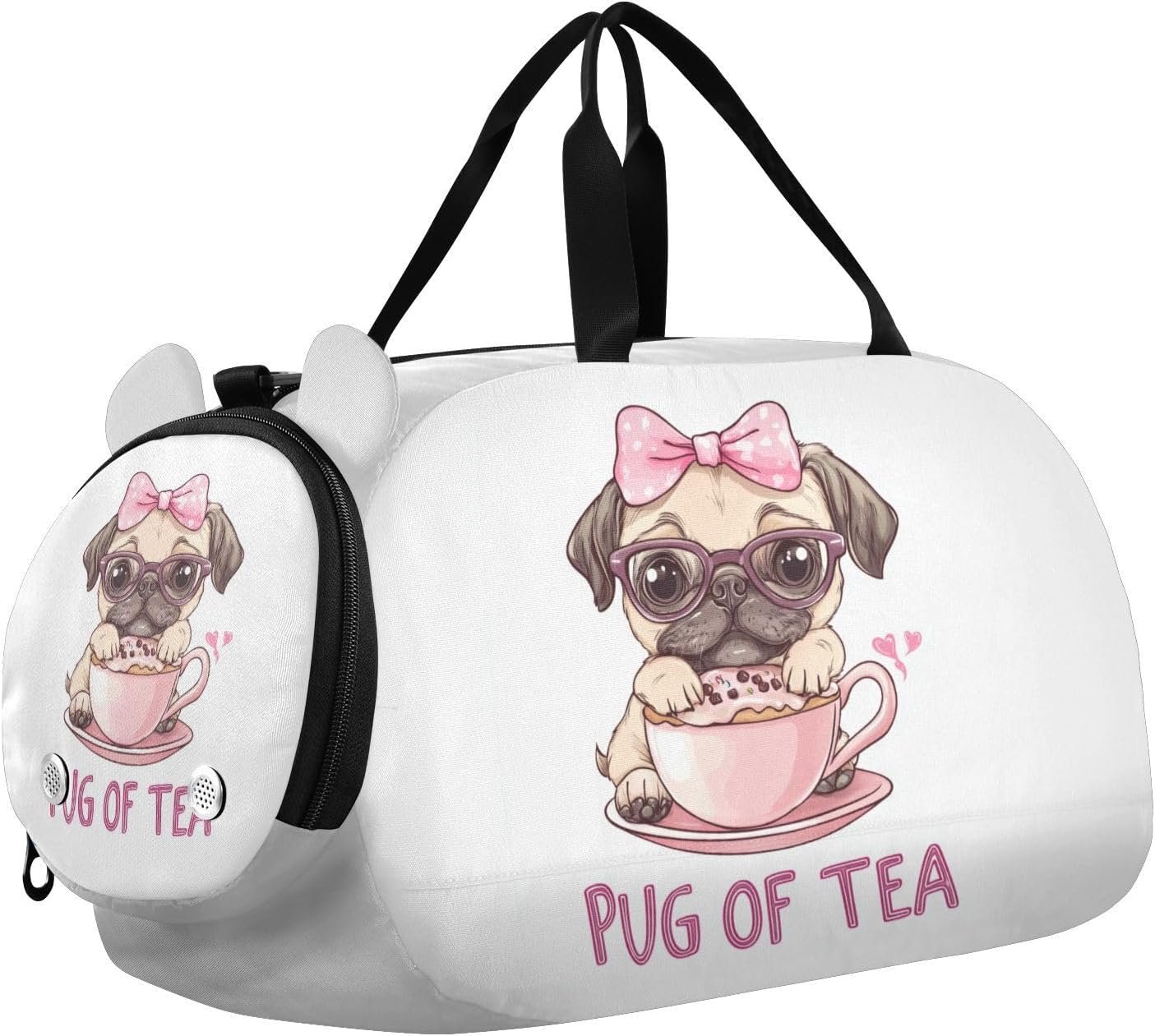 Pink Bow Pug Cupcake Kids Travel Duffel Bag for Boys Girls Overnight Weekend Tote Bag with Shoes Compartment for Sleepover Trip Beach
