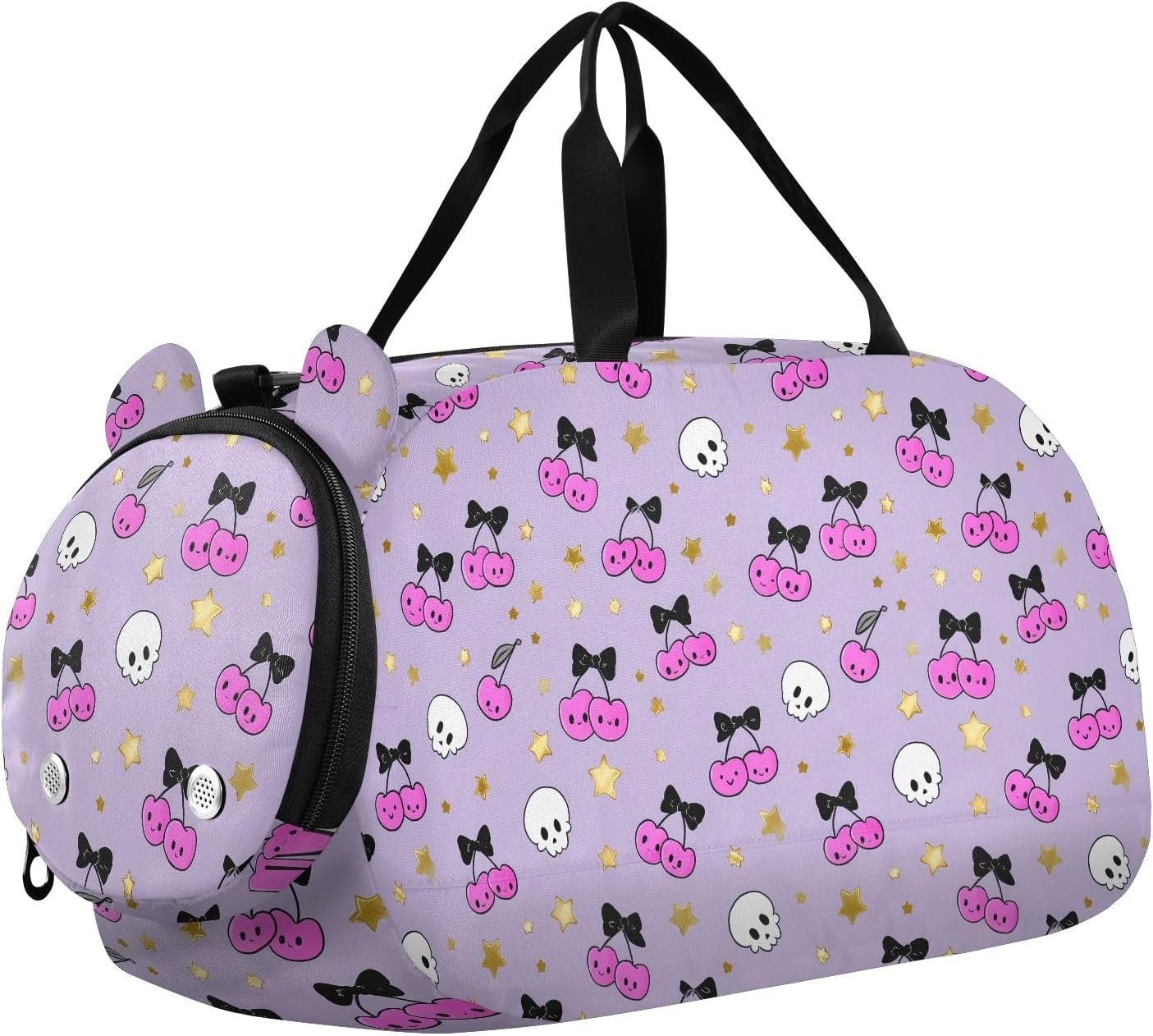 Kids Travel Duffel Bag Overnight Weekender Carry-On Tote Gym Bag with Shoes Compartment Sports School Cherry Skull Pattern
