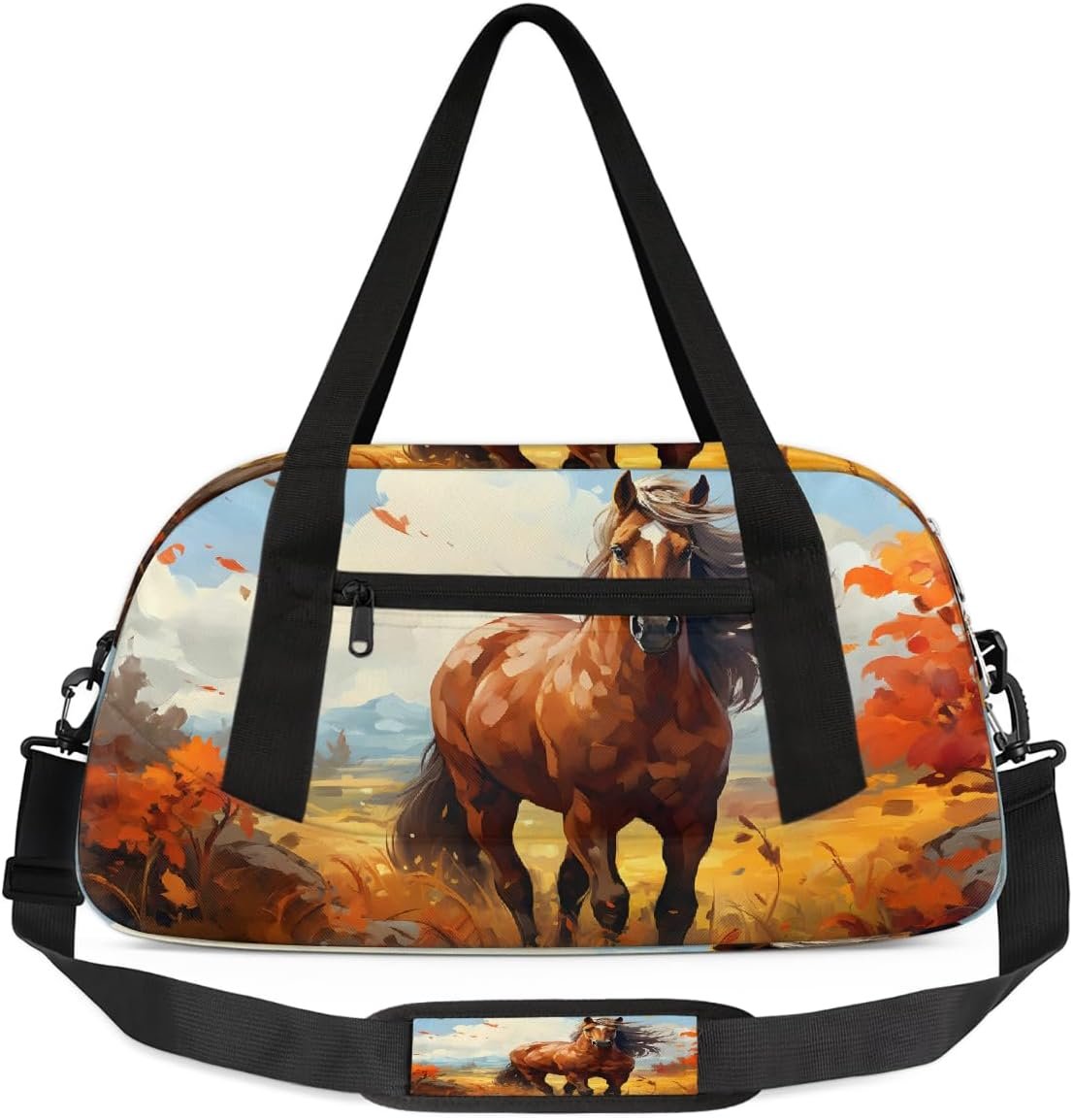 Kids Travel Duffle Bag Weekender Overnight Bag Gym Tote for Boy Girls Carry On Workout Duffel Bag(Cute Animal Horse Autumn)
